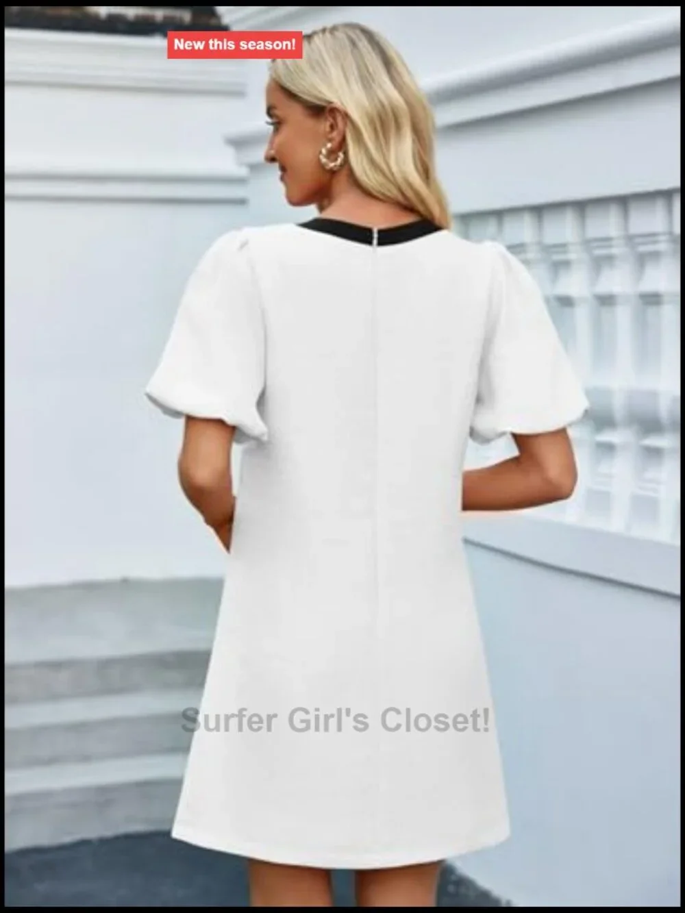Women's Tweed Shift Mini Dress with Pockets Bow Puff Short Sleeve